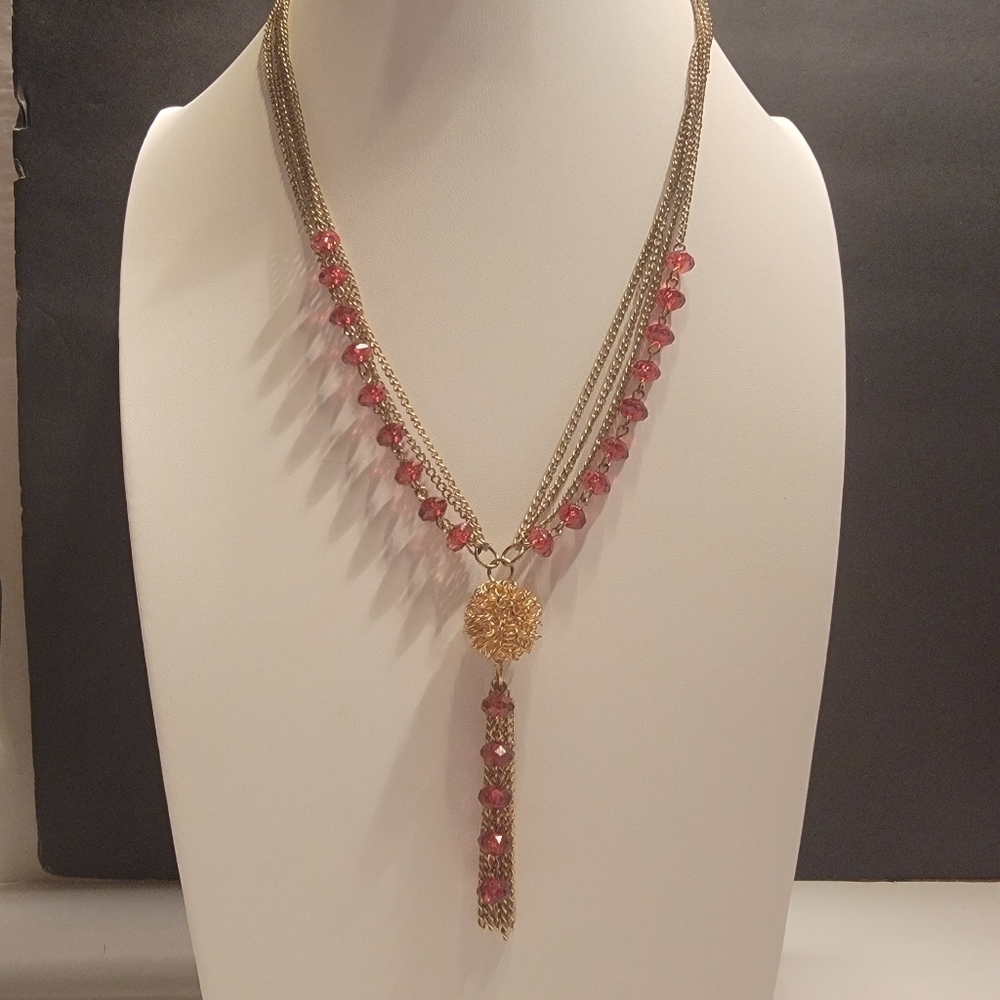 Antique Goldtone 4Chain and Rose Acrylic Bead Necklace with Goldball, Tassel